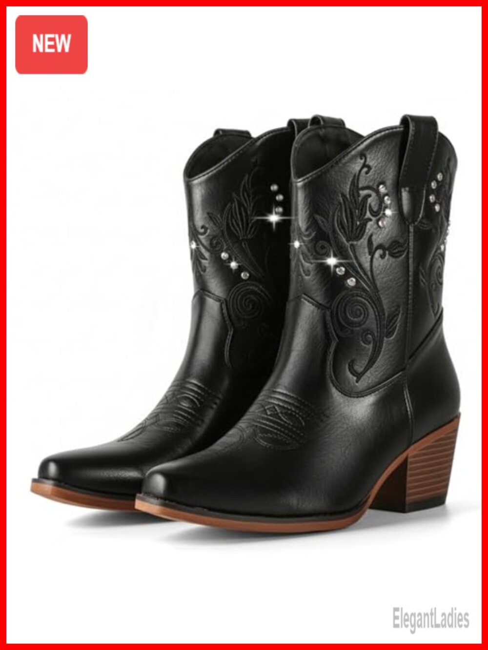 Western Ankle Cowgirl Boots Pointed Toe Block Heel Faux Leather Rhinestone